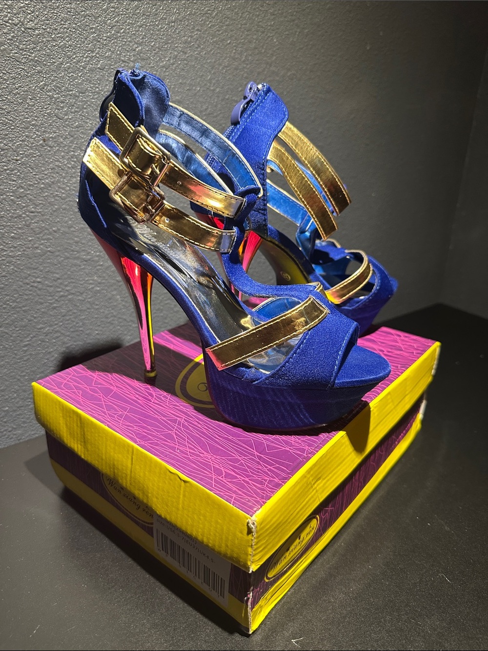 Blue Suede High Heel Sandals with Gold Straps